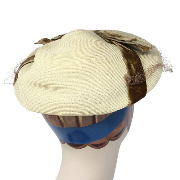 Vintage 50s Arnold Constable Platter Hat Tan Straw w Velvet Ribbon - Hey Viv - Picture 3 of 8